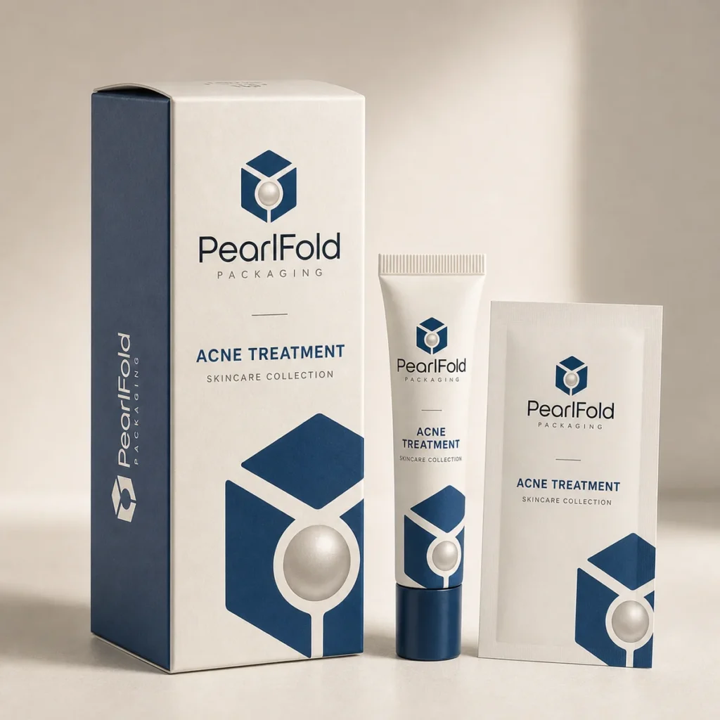 Custom acne treatment box with matching product in a square studio photograph