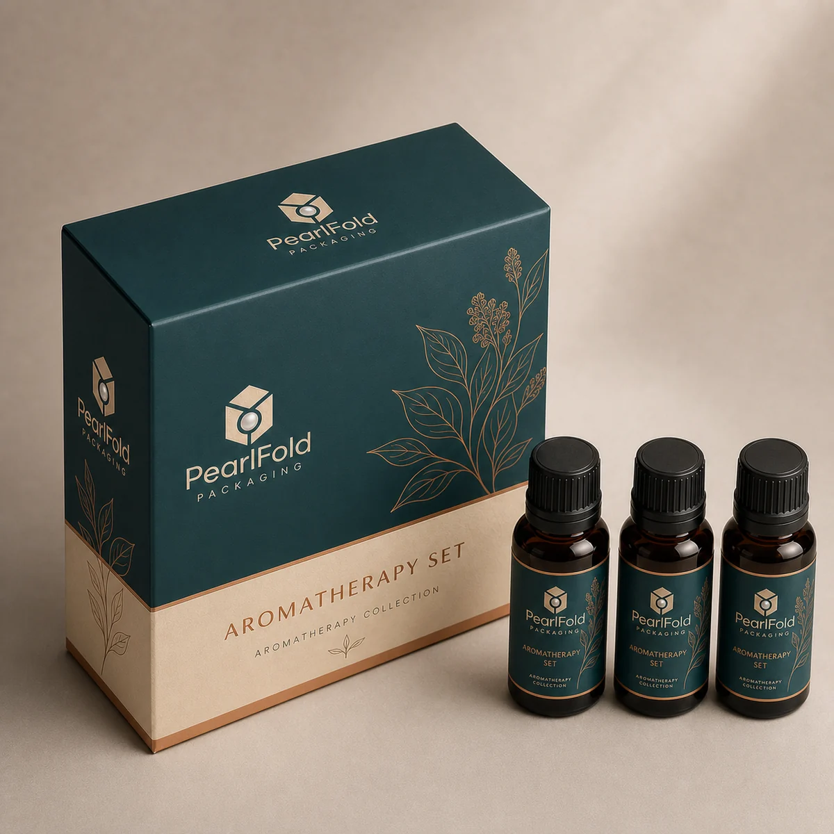 Custom aromatherapy set packaging shown from a three-quarter side angle