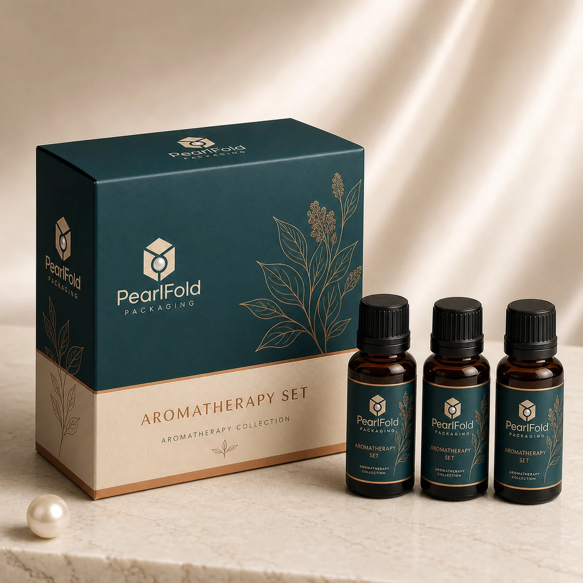 Custom aromatherapy set box in a premium square retail styling scene