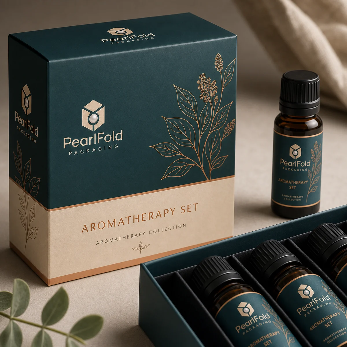 Close-up of custom aromatherapy set box paper texture, print detail, and corner construction
