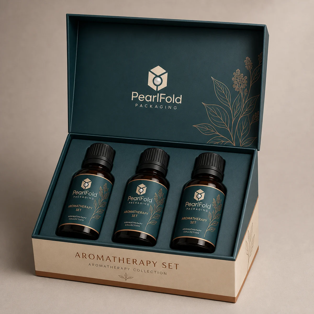 Open custom aromatherapy set box showing its fitted insert and product presentation
