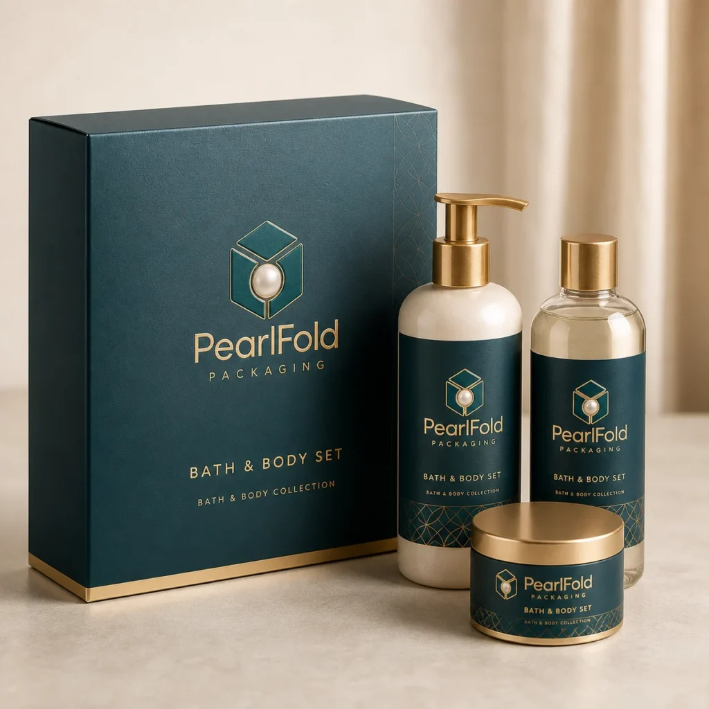 Custom bath & body gift set box with matching product in a square studio photograph