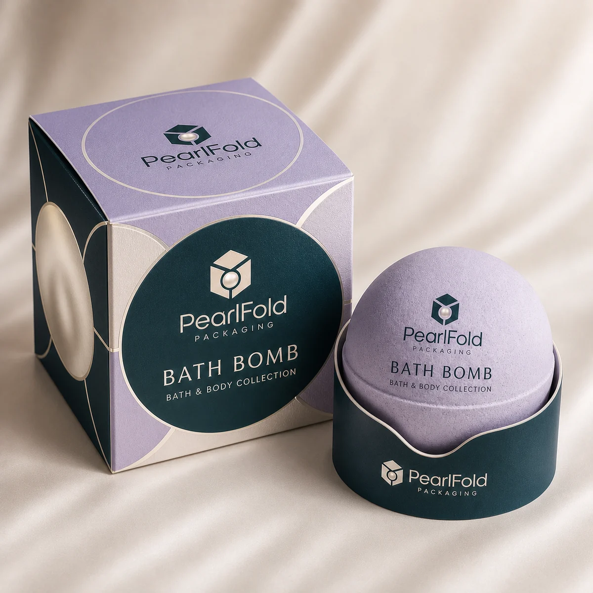 Custom bath bomb packaging shown from a three-quarter side angle