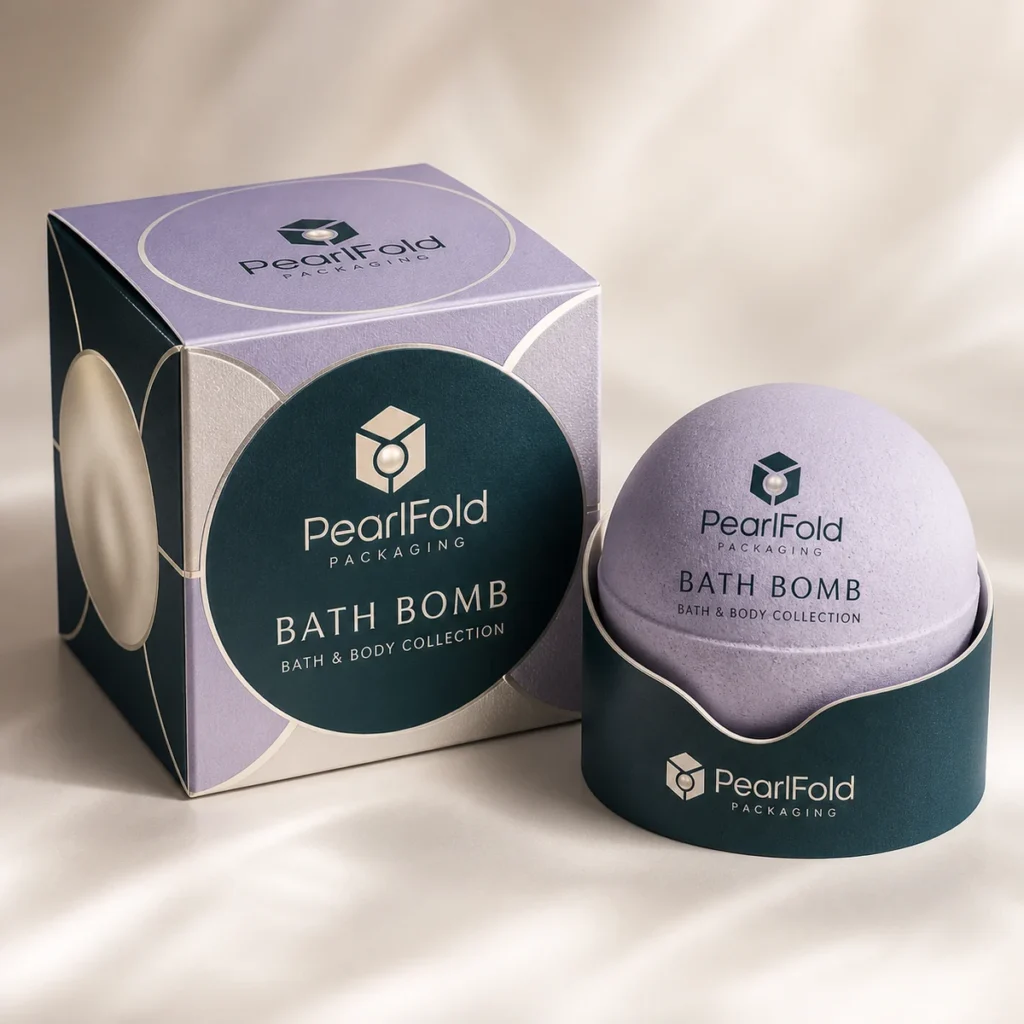 Custom bath bomb box with matching product in a square studio photograph