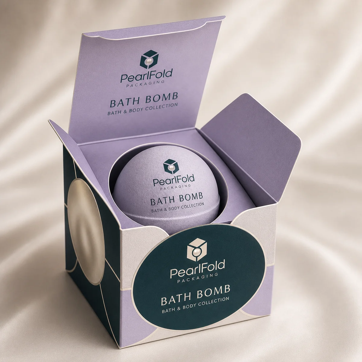 Open custom bath bomb box showing its fitted insert and product presentation