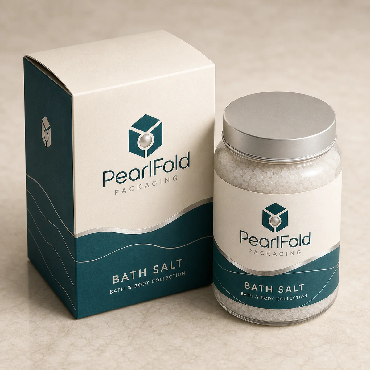 Custom bath salt packaging shown from a three-quarter side angle