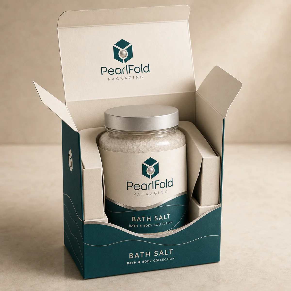 Open custom bath salt box showing its fitted insert and product presentation