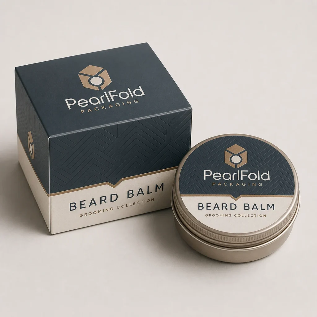 Custom beard balm box with matching product in a square studio photograph