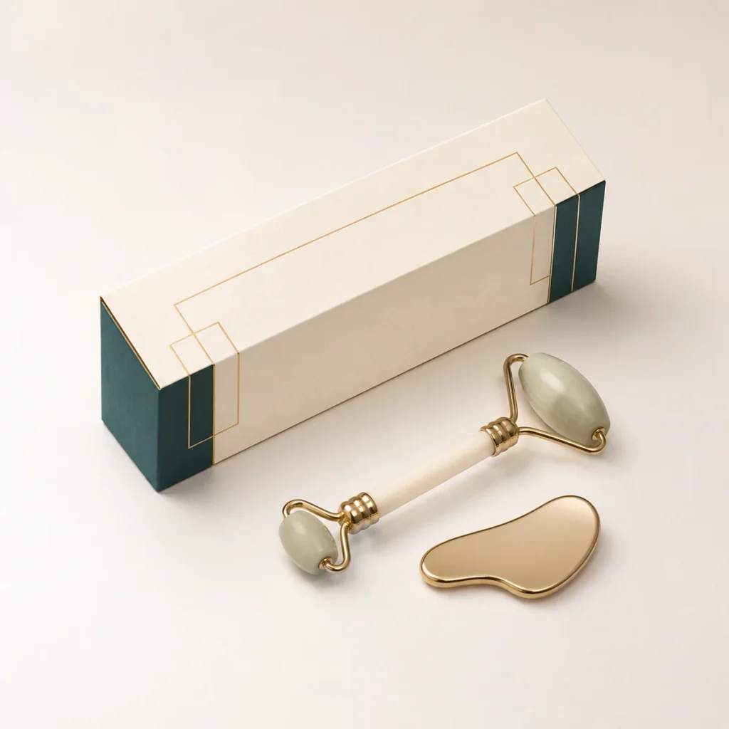 Custom beauty tool box with matching product in a square studio photograph