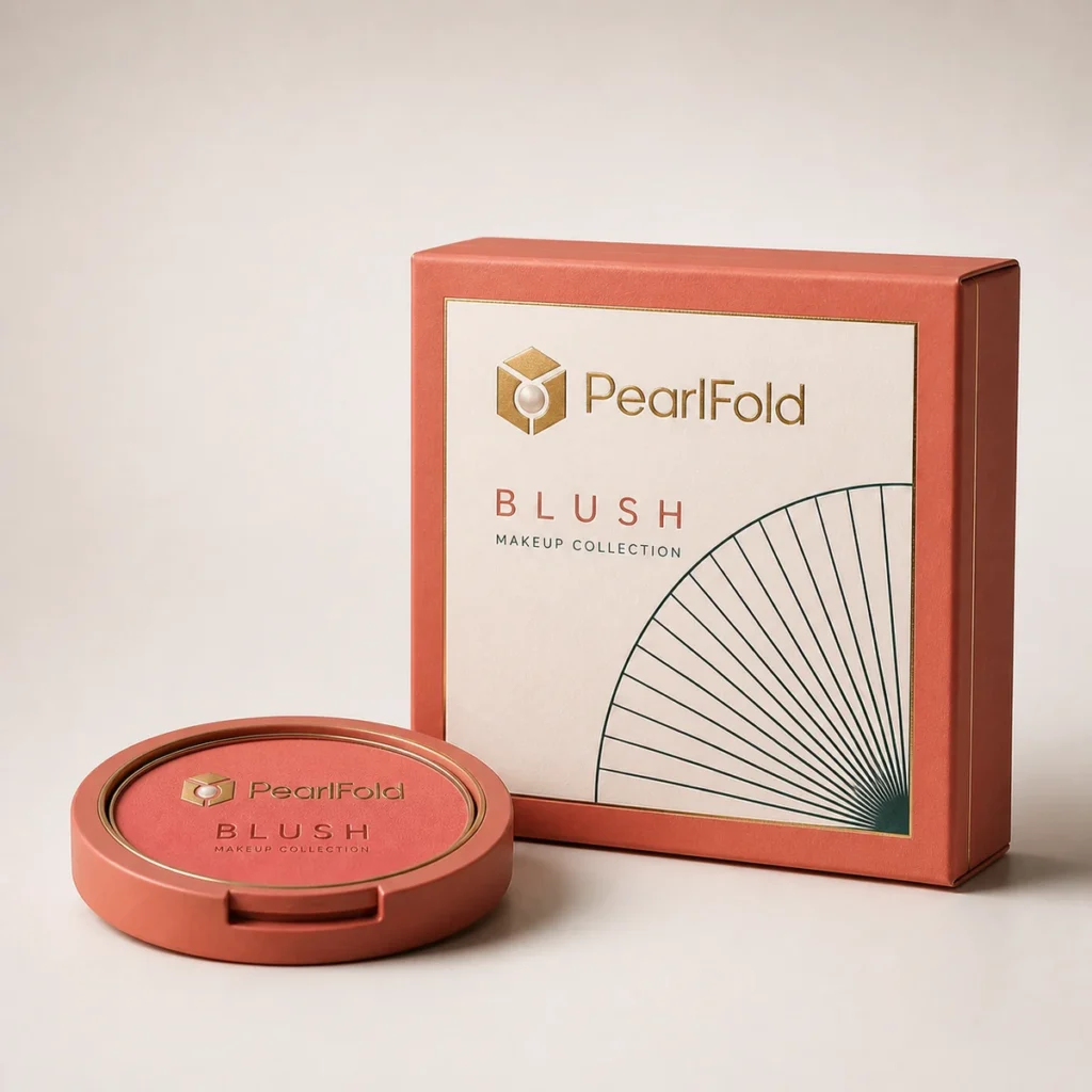 Custom blush box with matching product in a square studio photograph