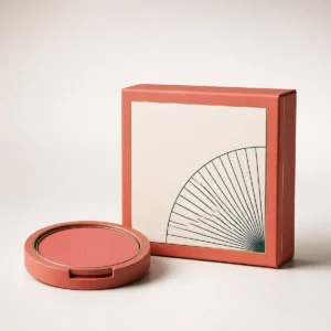 Custom blush box with matching product in a square studio photograph