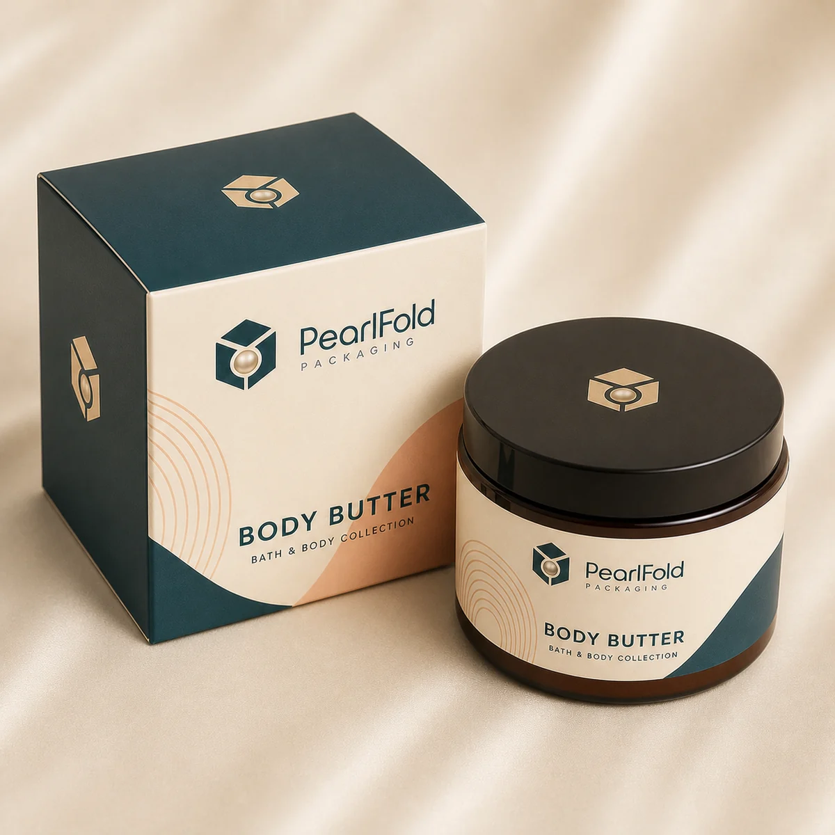 Custom body butter packaging shown from a three-quarter side angle