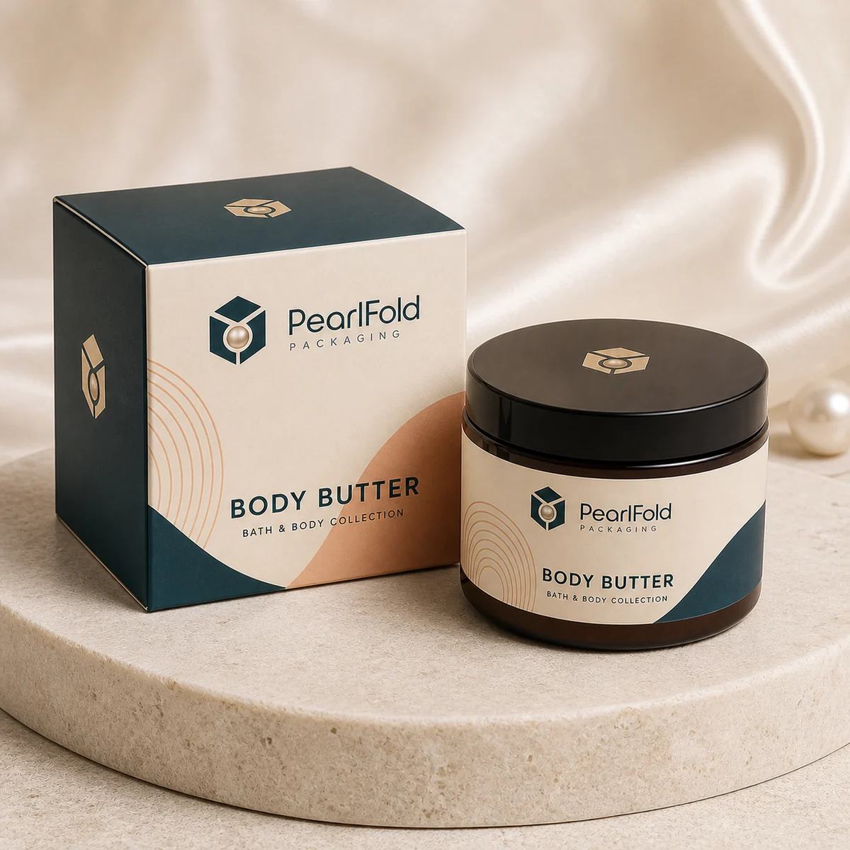 Custom body butter box in a premium square retail styling scene