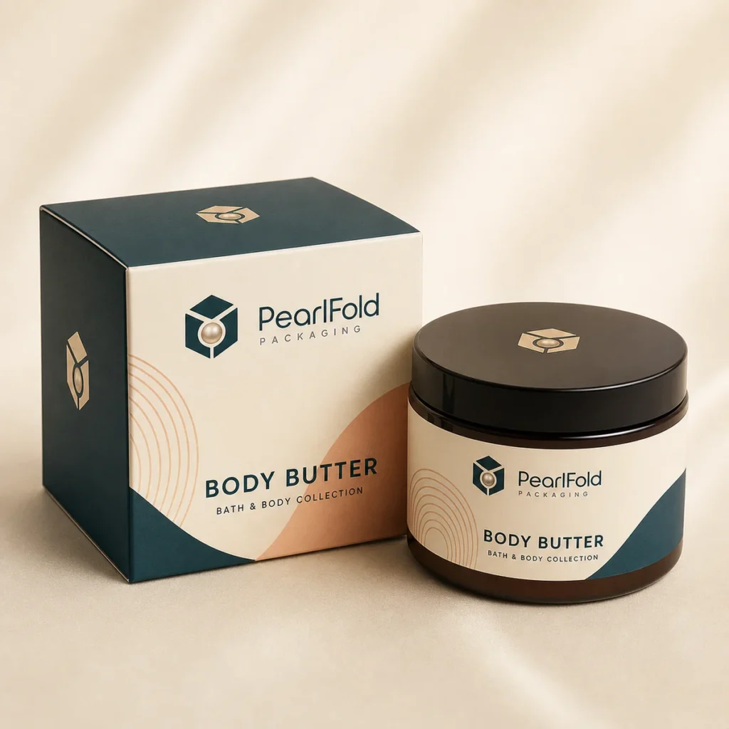 Custom body butter box with matching product in a square studio photograph