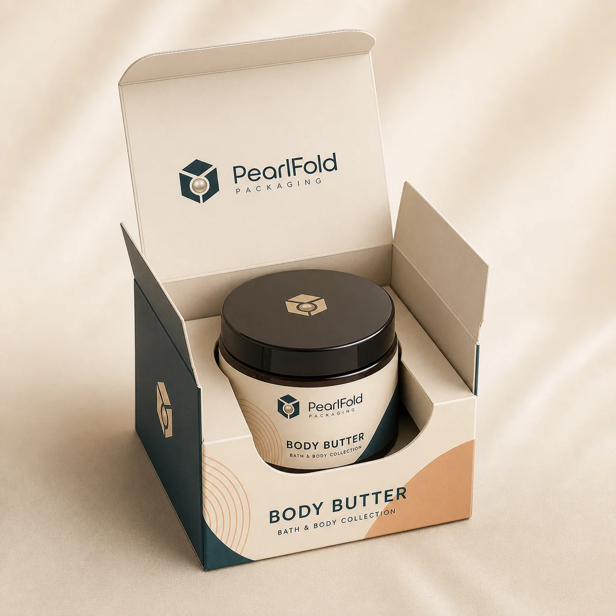 Open custom body butter box showing its fitted insert and product presentation