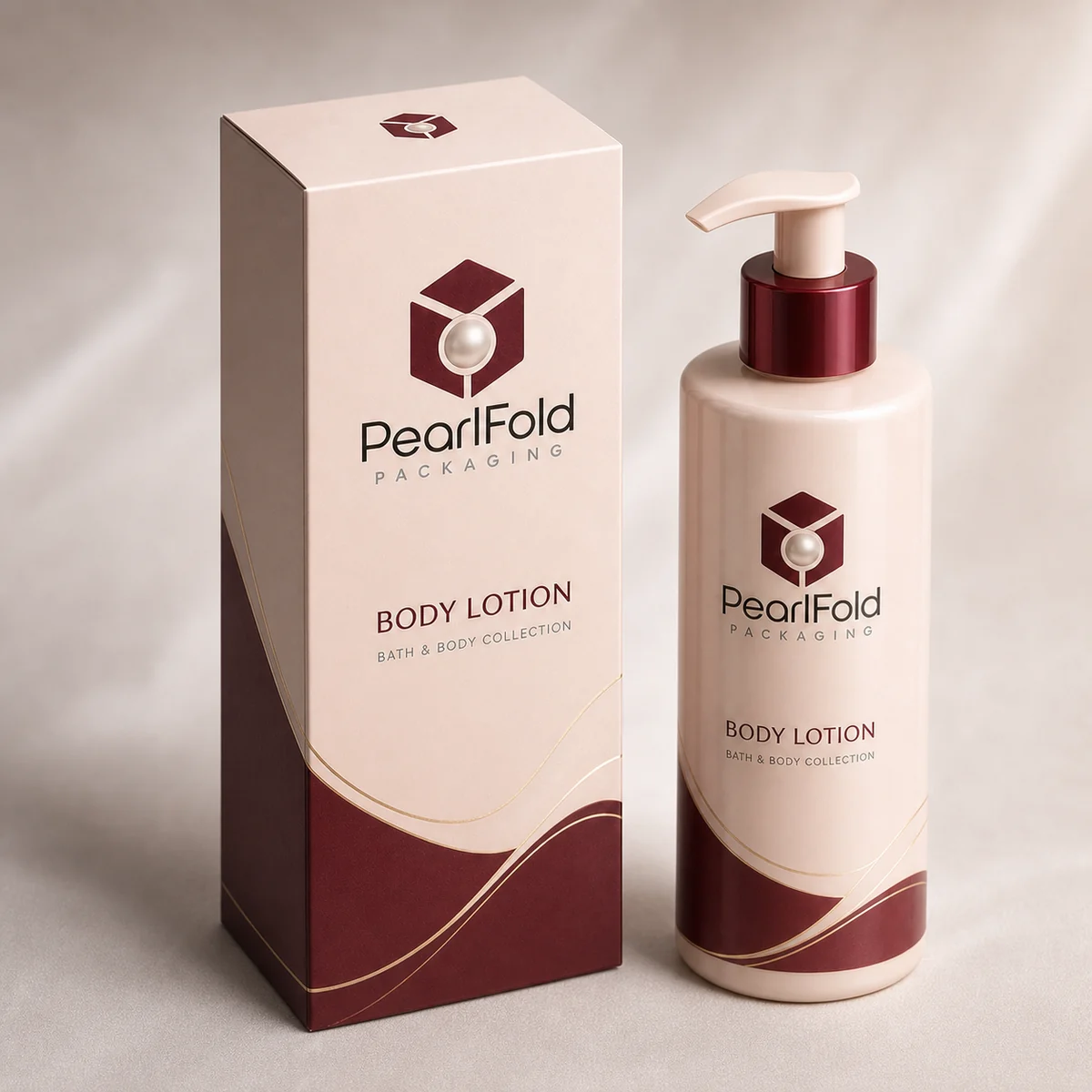 Custom body lotion packaging shown from a three-quarter side angle