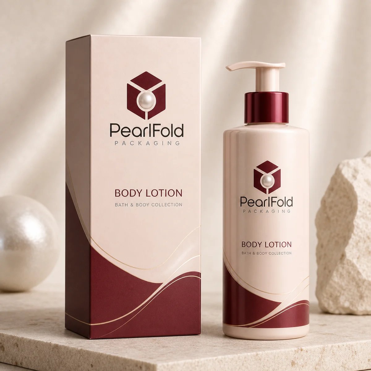 Custom body lotion box in a premium square retail styling scene