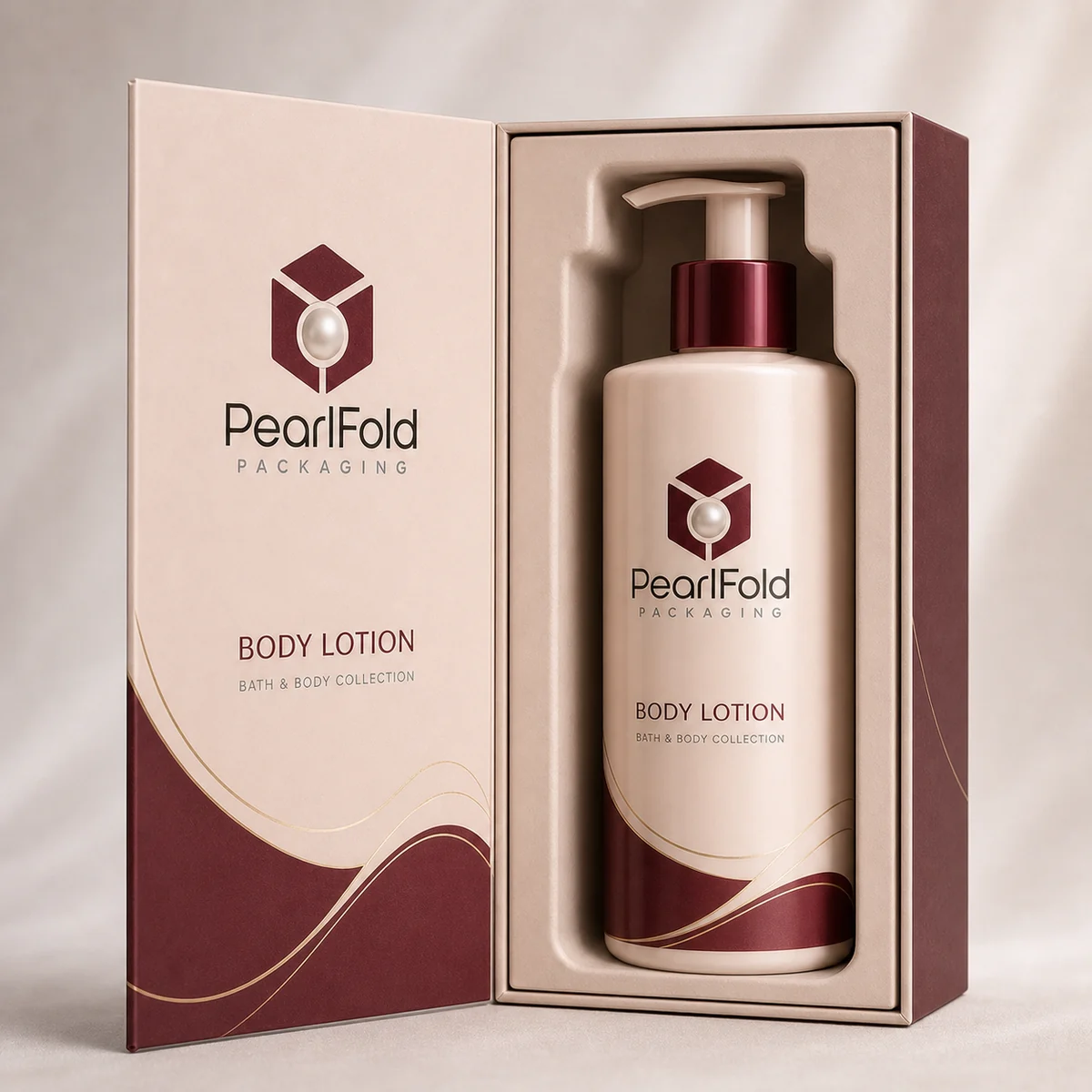 Open custom body lotion box showing its fitted insert and product presentation