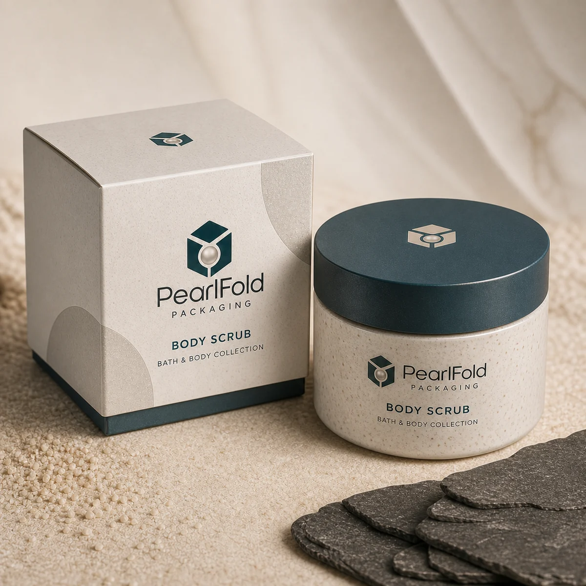 Custom body scrub packaging shown from a three-quarter side angle