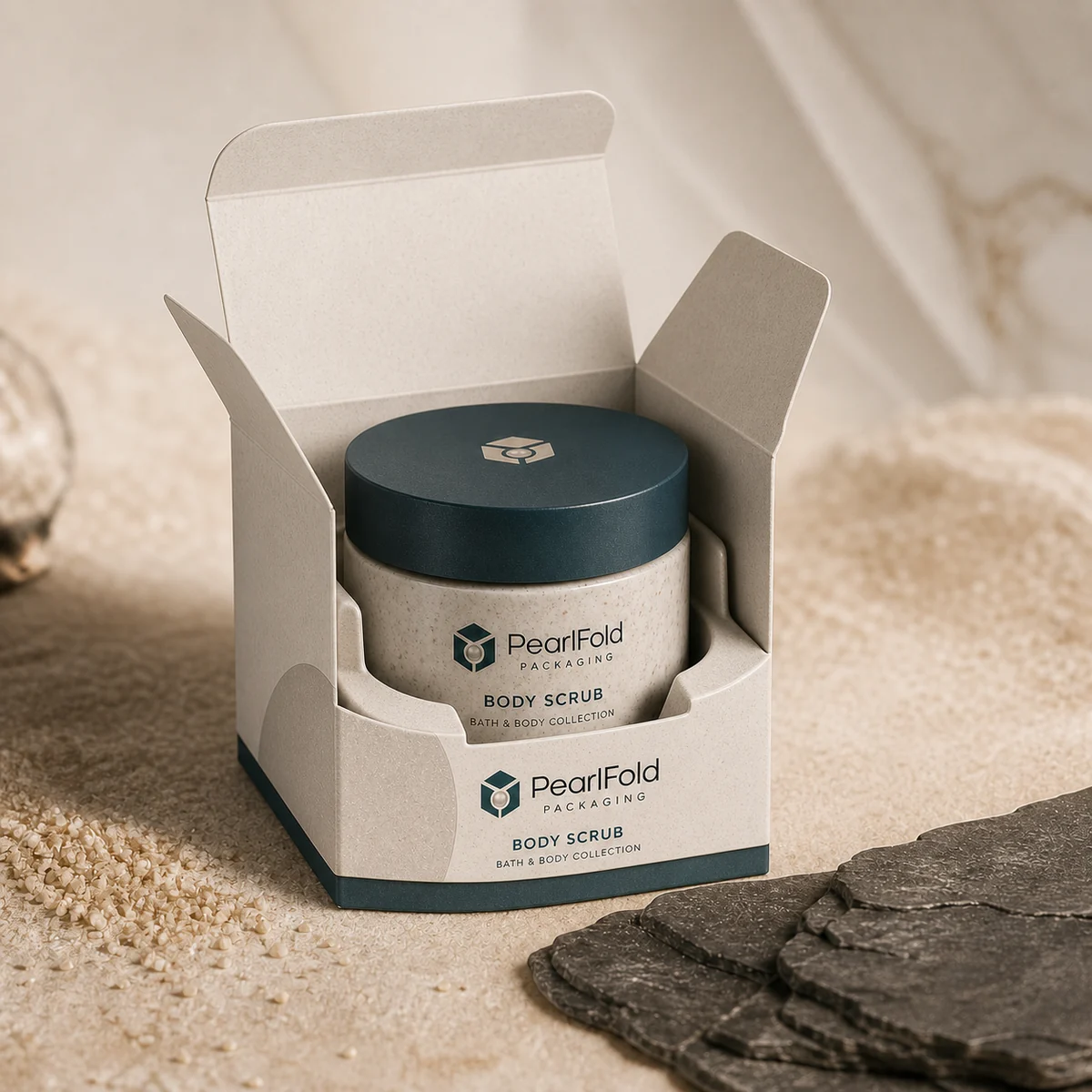Open custom body scrub box showing its fitted insert and product presentation