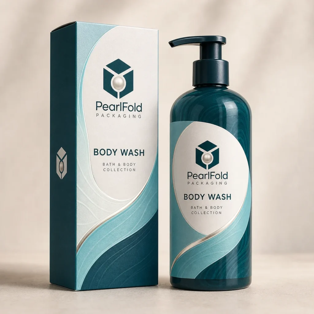 Custom body wash & shower gel box with matching product in a square studio photograph