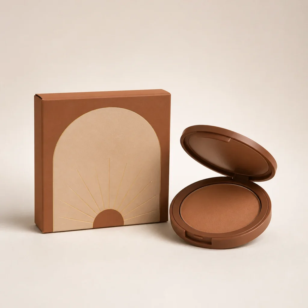 Custom bronzer box with matching product in a square studio photograph