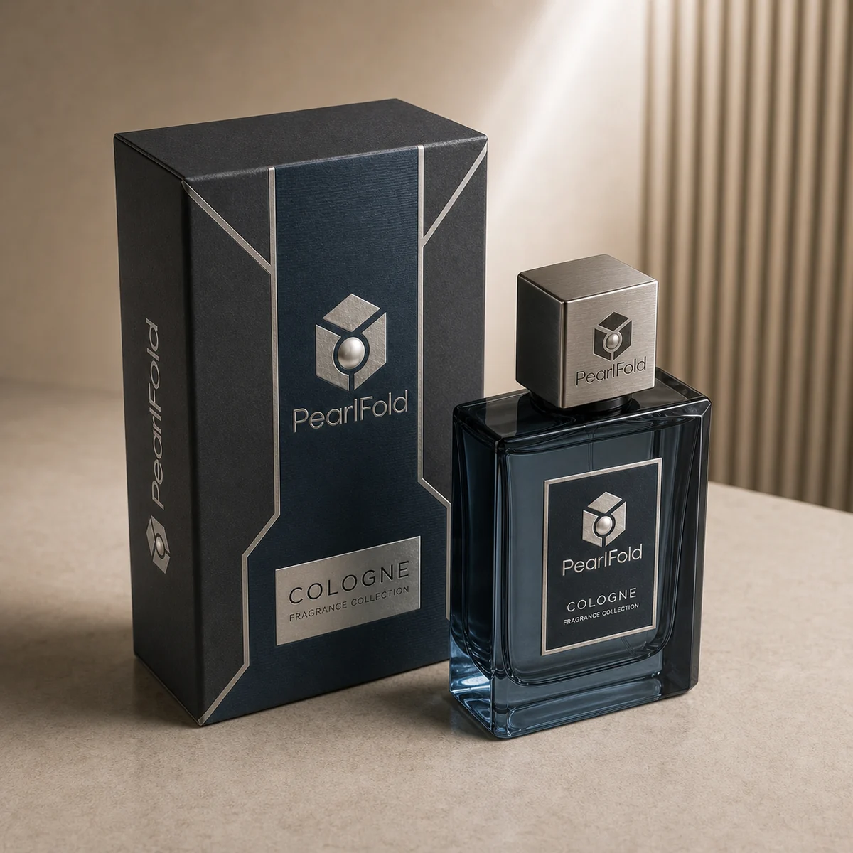 Custom cologne packaging shown from a three-quarter side angle