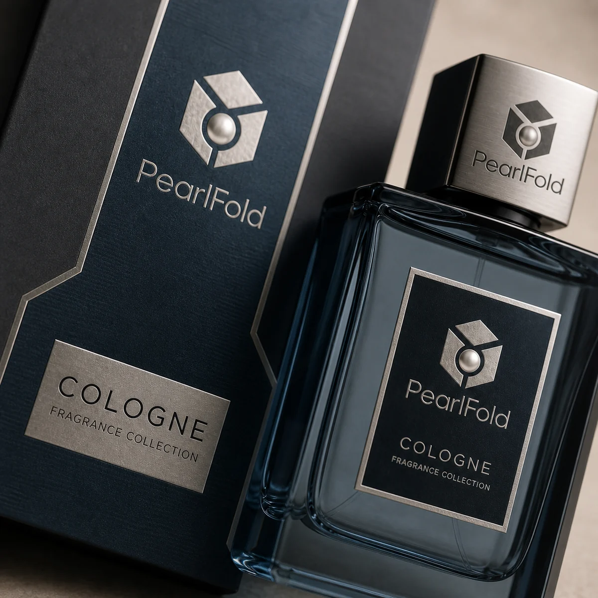 Close-up of custom cologne box paper texture, print detail, and corner construction