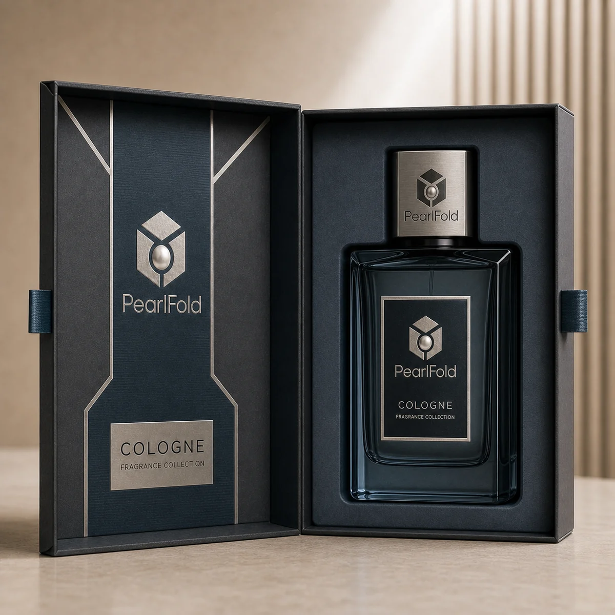 Open custom cologne box showing its fitted insert and product presentation