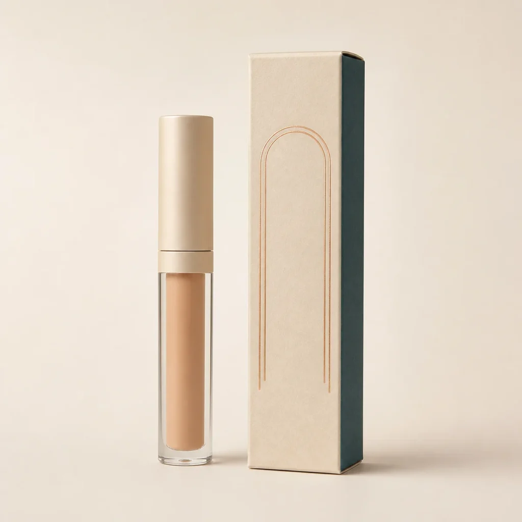 Custom concealer box with matching product in a square studio photograph