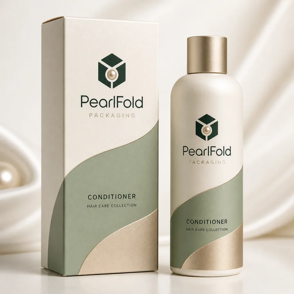 Custom conditioner box with matching product in a square studio photograph
