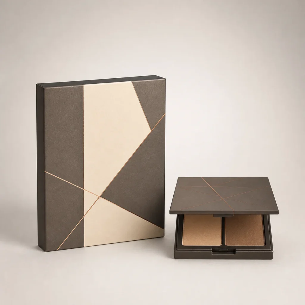 Custom contour box with matching product in a square studio photograph