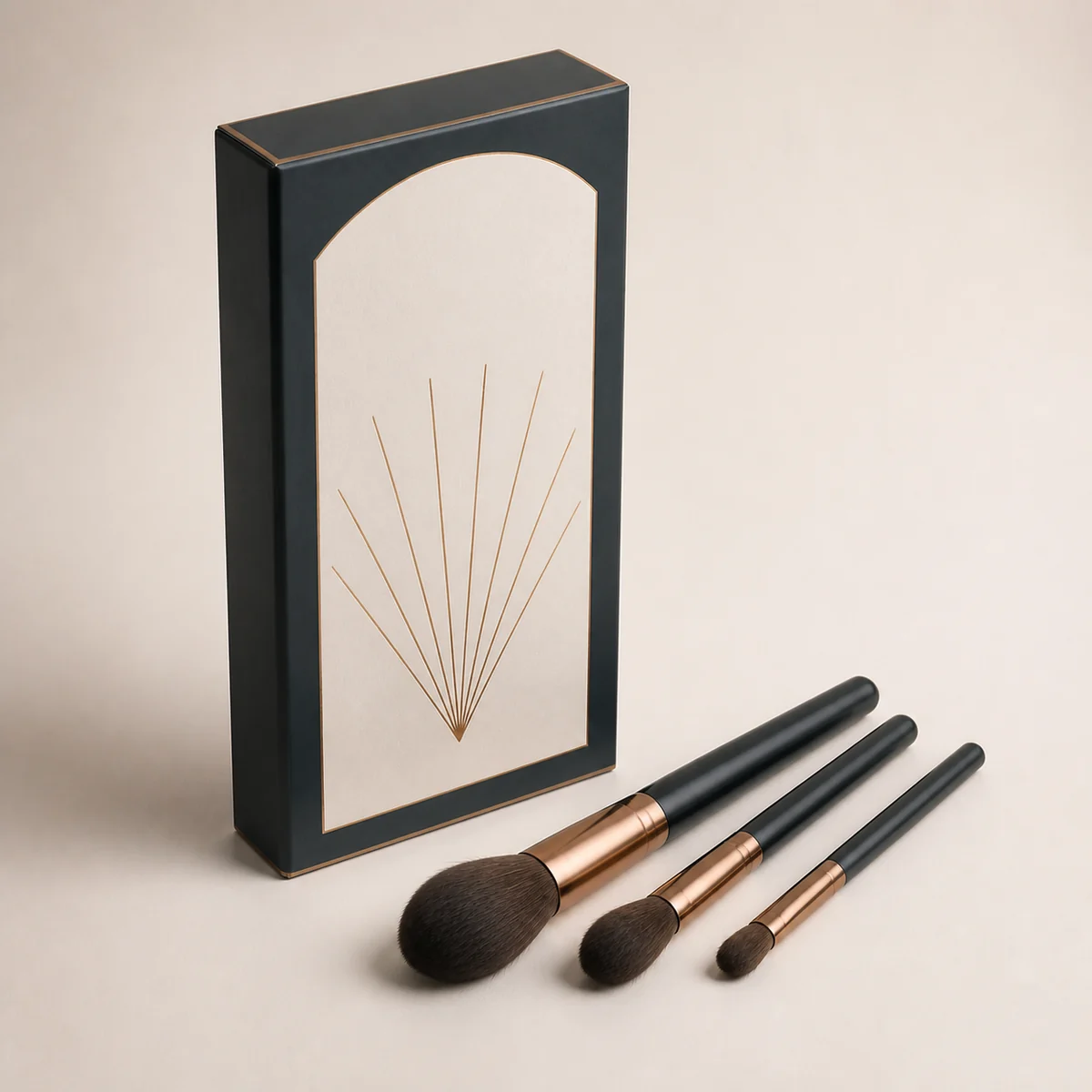 Custom cosmetic brush packaging shown from a three-quarter side angle