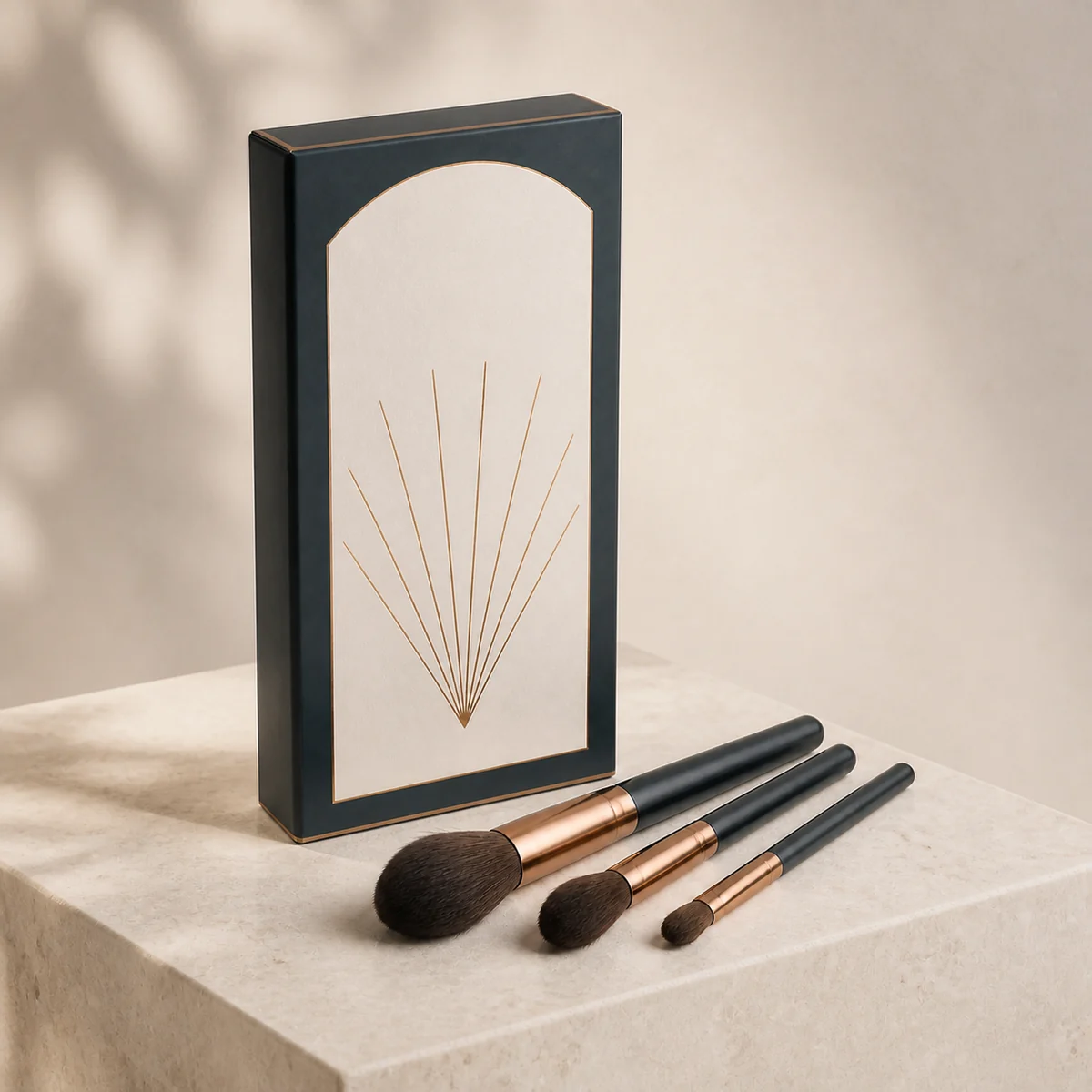 Custom cosmetic brush box in a premium square retail styling scene