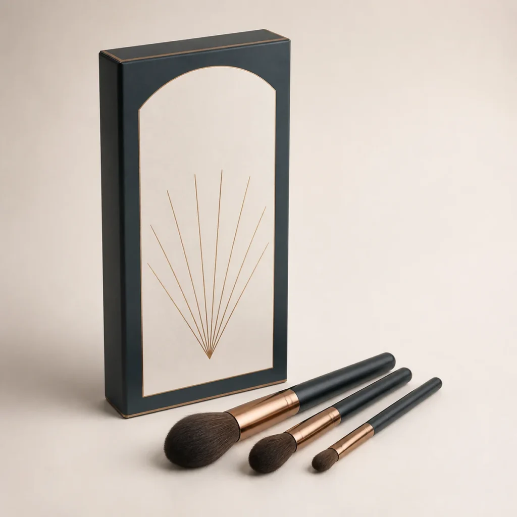 Custom cosmetic brush box with matching product in a square studio photograph