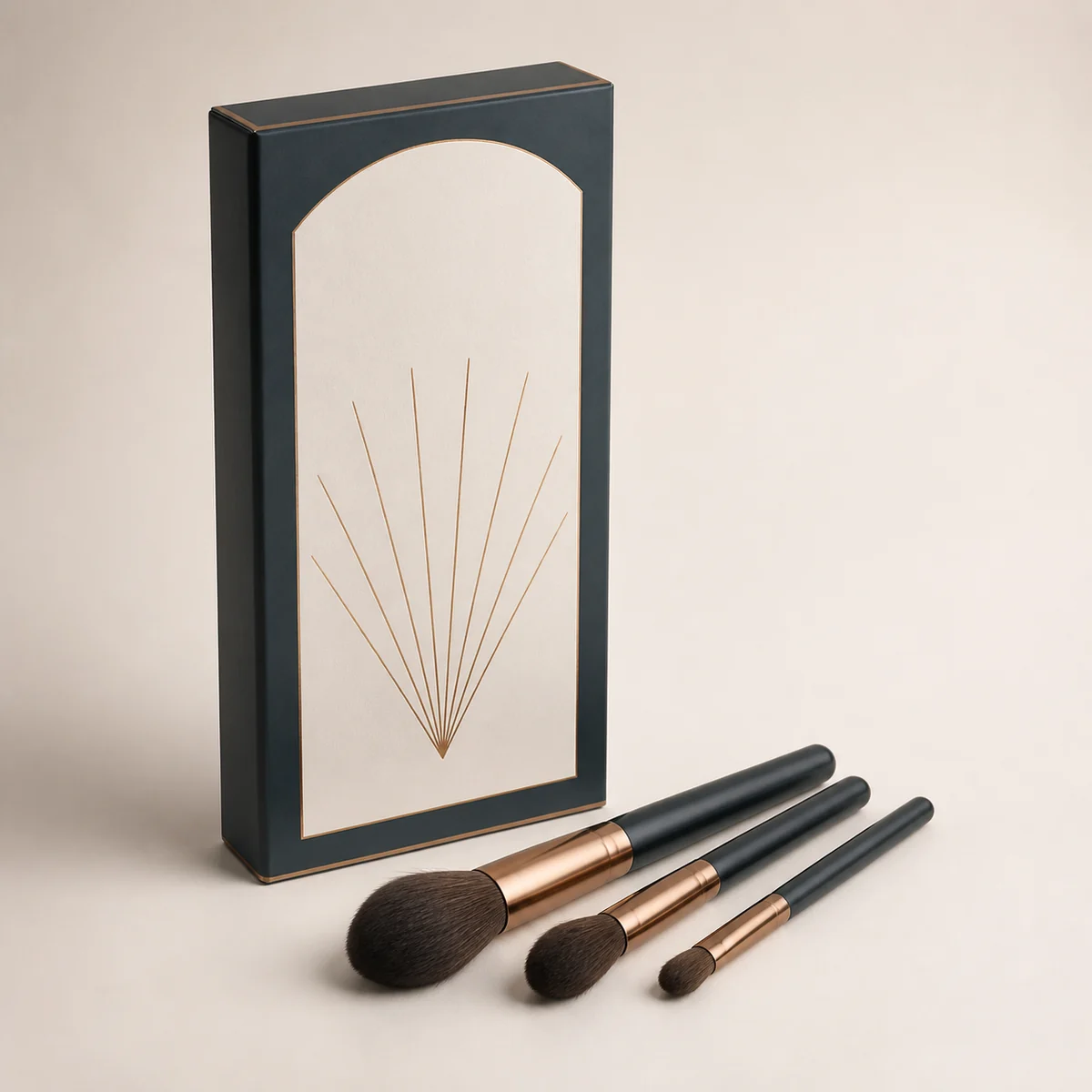 Custom cosmetic brush box with matching product in a square studio photograph