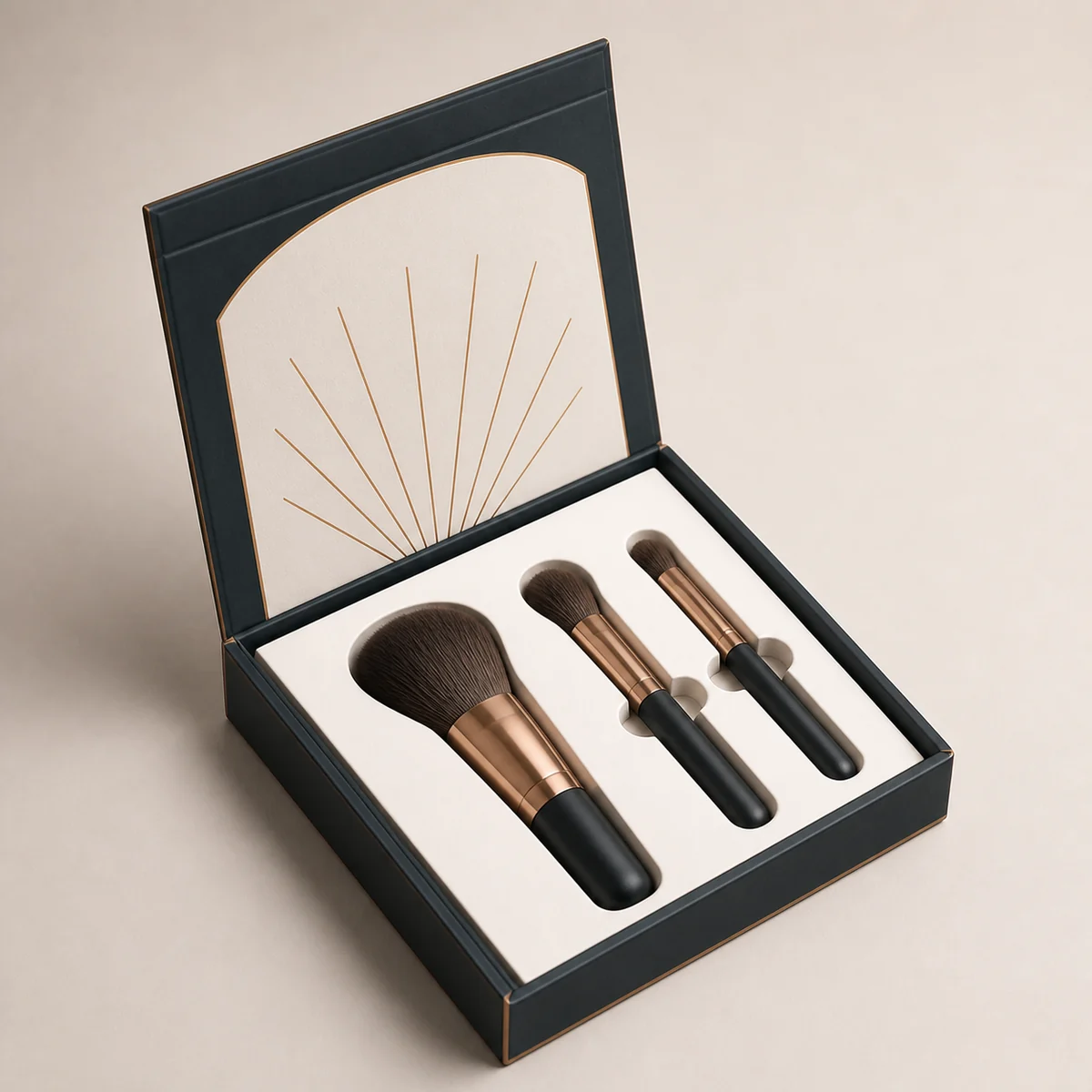 Open custom cosmetic brush box showing its fitted insert and product presentation