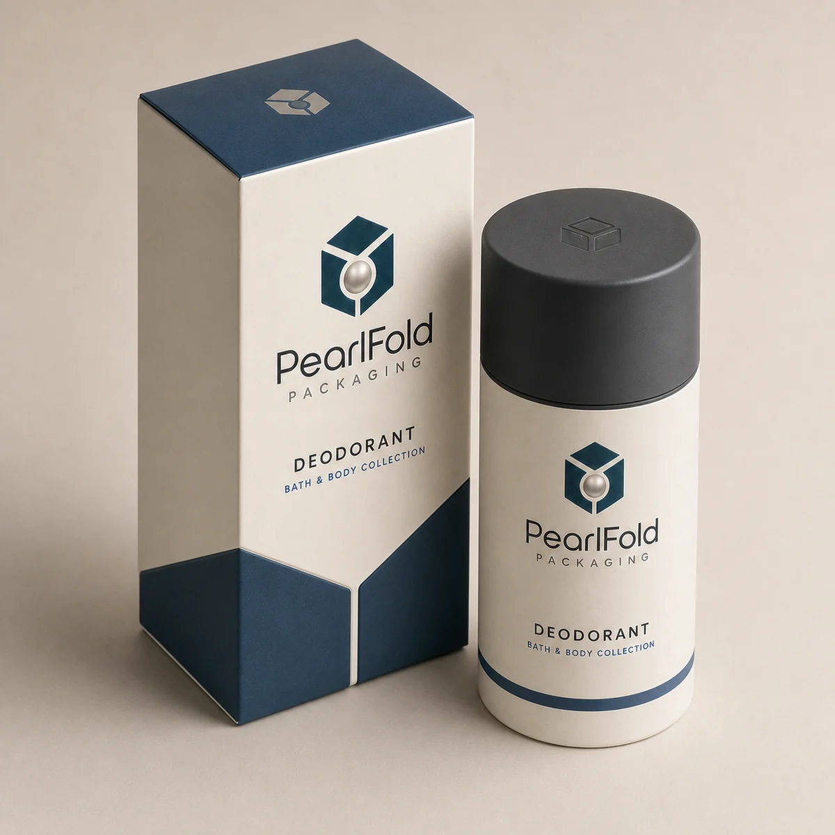 Custom deodorant packaging shown from a three-quarter side angle
