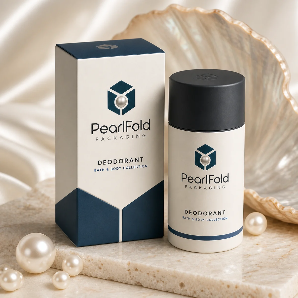 Custom deodorant box in a premium square retail styling scene