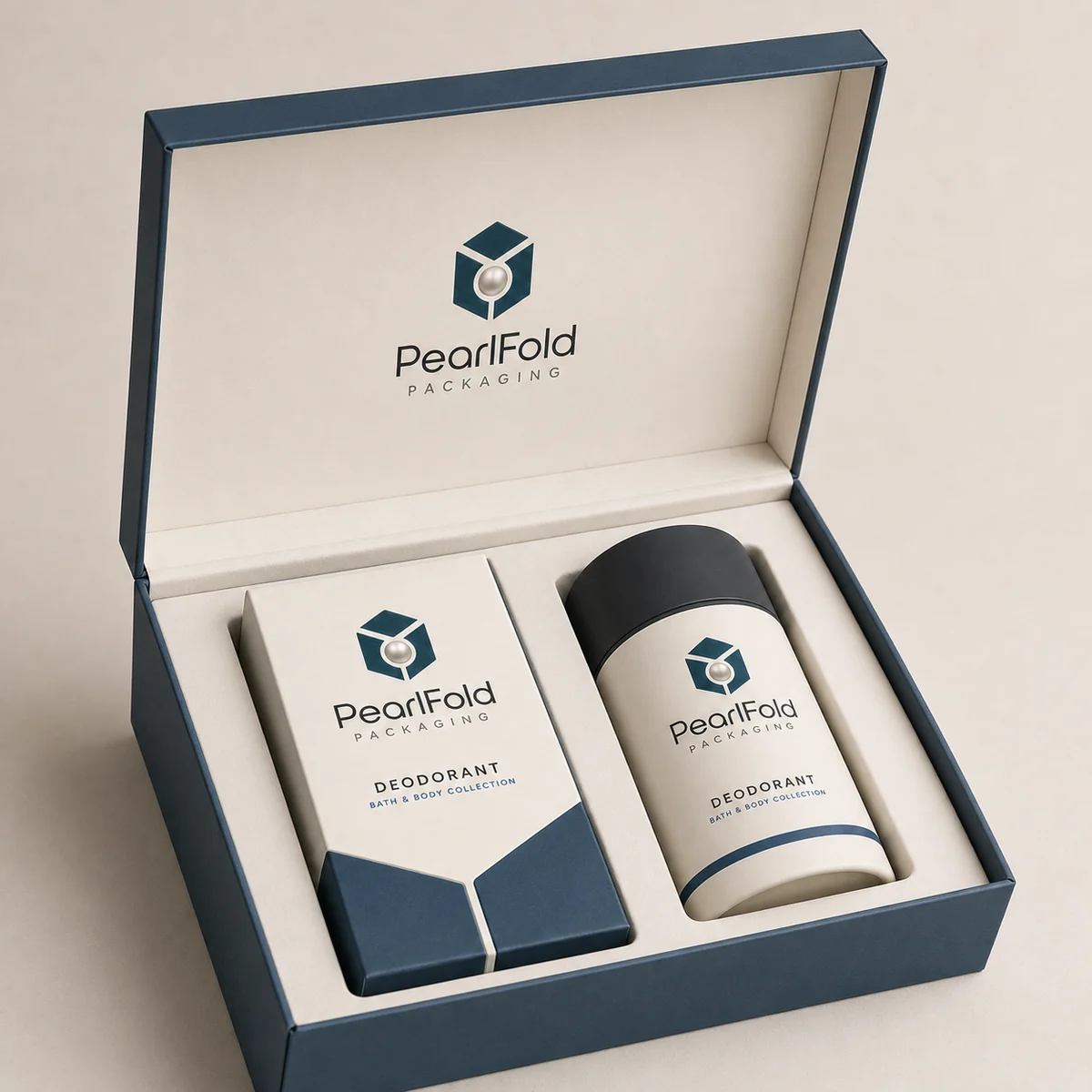 Open custom deodorant box showing its fitted insert and product presentation