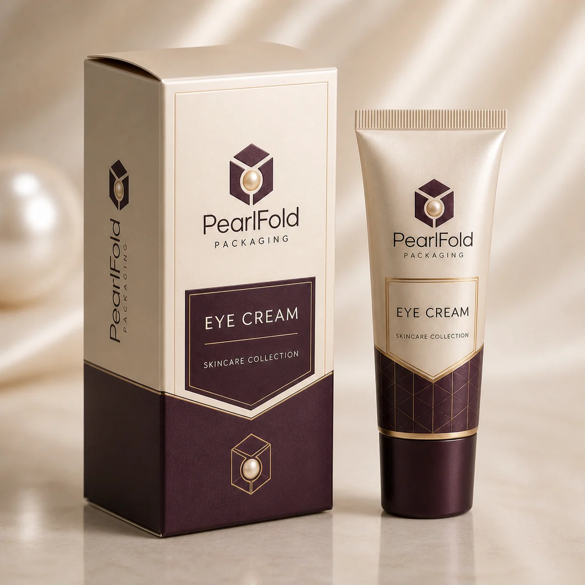 Custom eye cream packaging shown from a three-quarter side angle