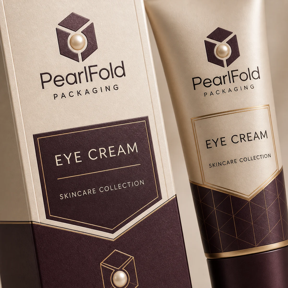 Close-up of custom eye cream box paper texture, print detail, and corner construction