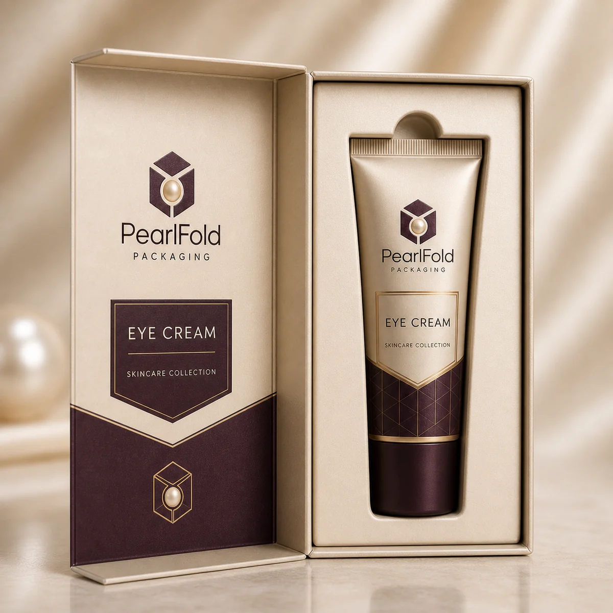 Open custom eye cream box showing its fitted insert and product presentation