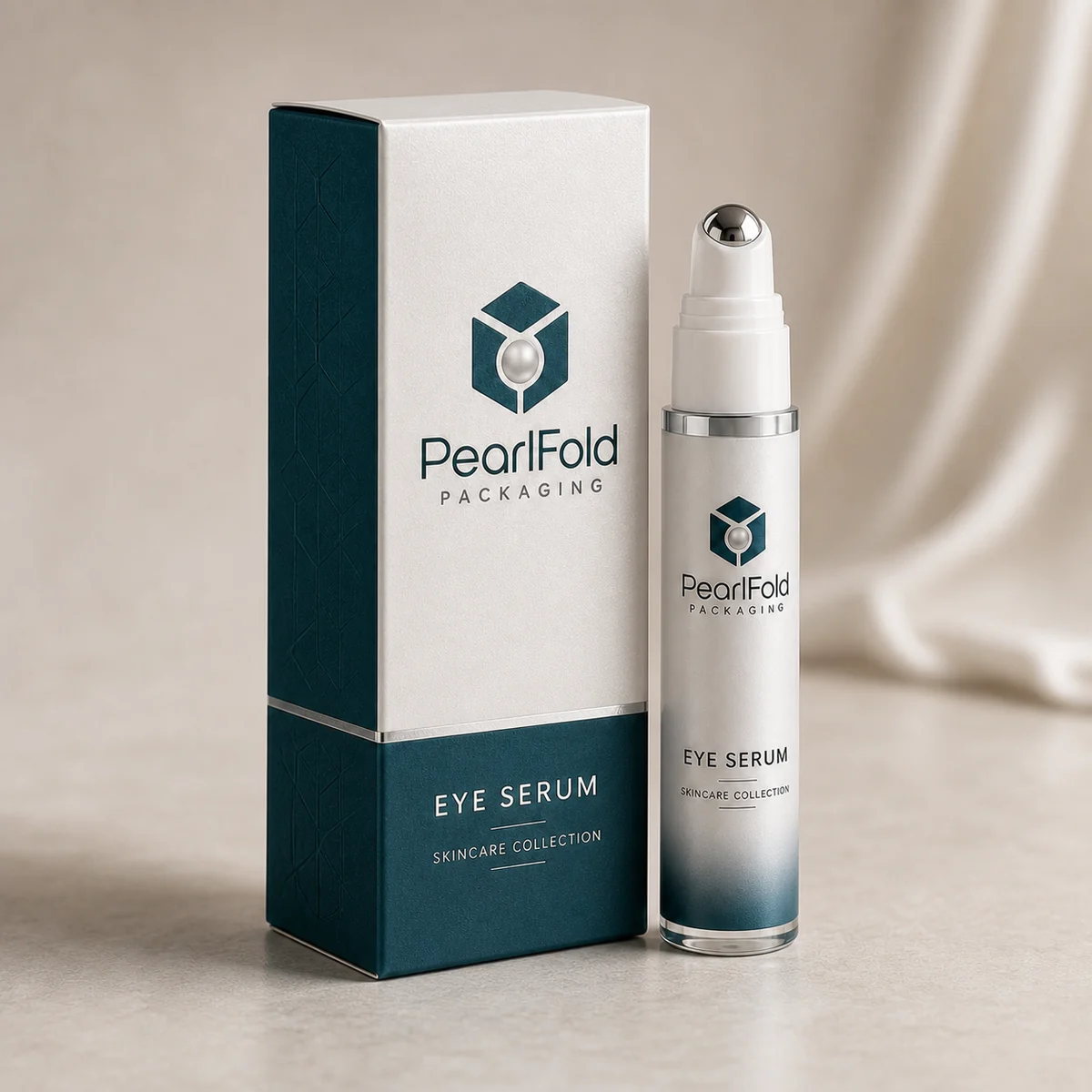 Custom eye serum packaging shown from a three-quarter side angle