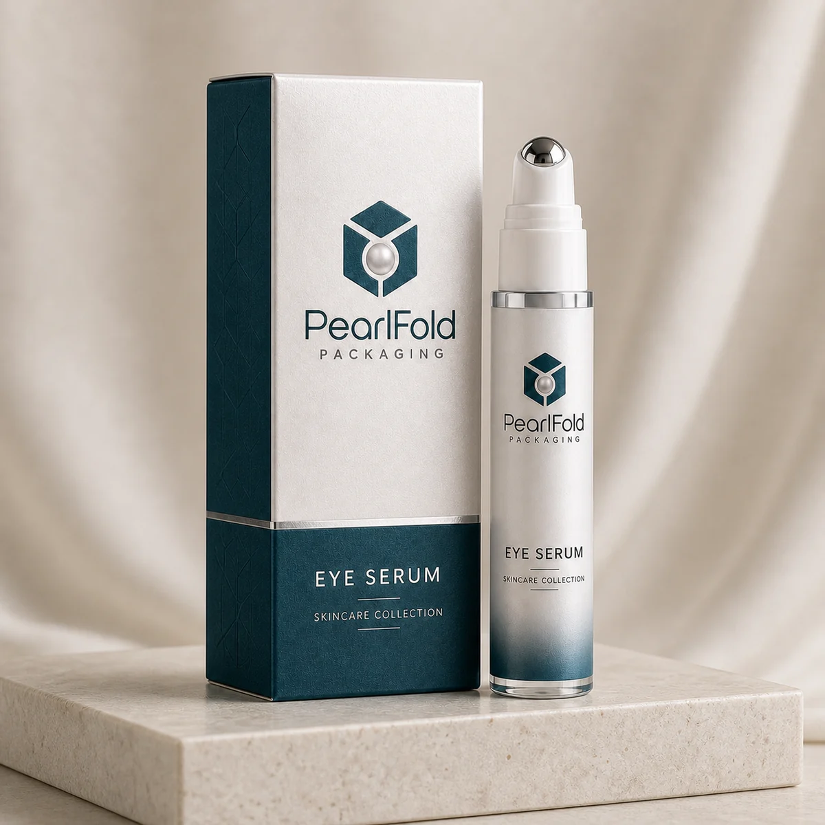 Custom eye serum box in a premium square retail styling scene