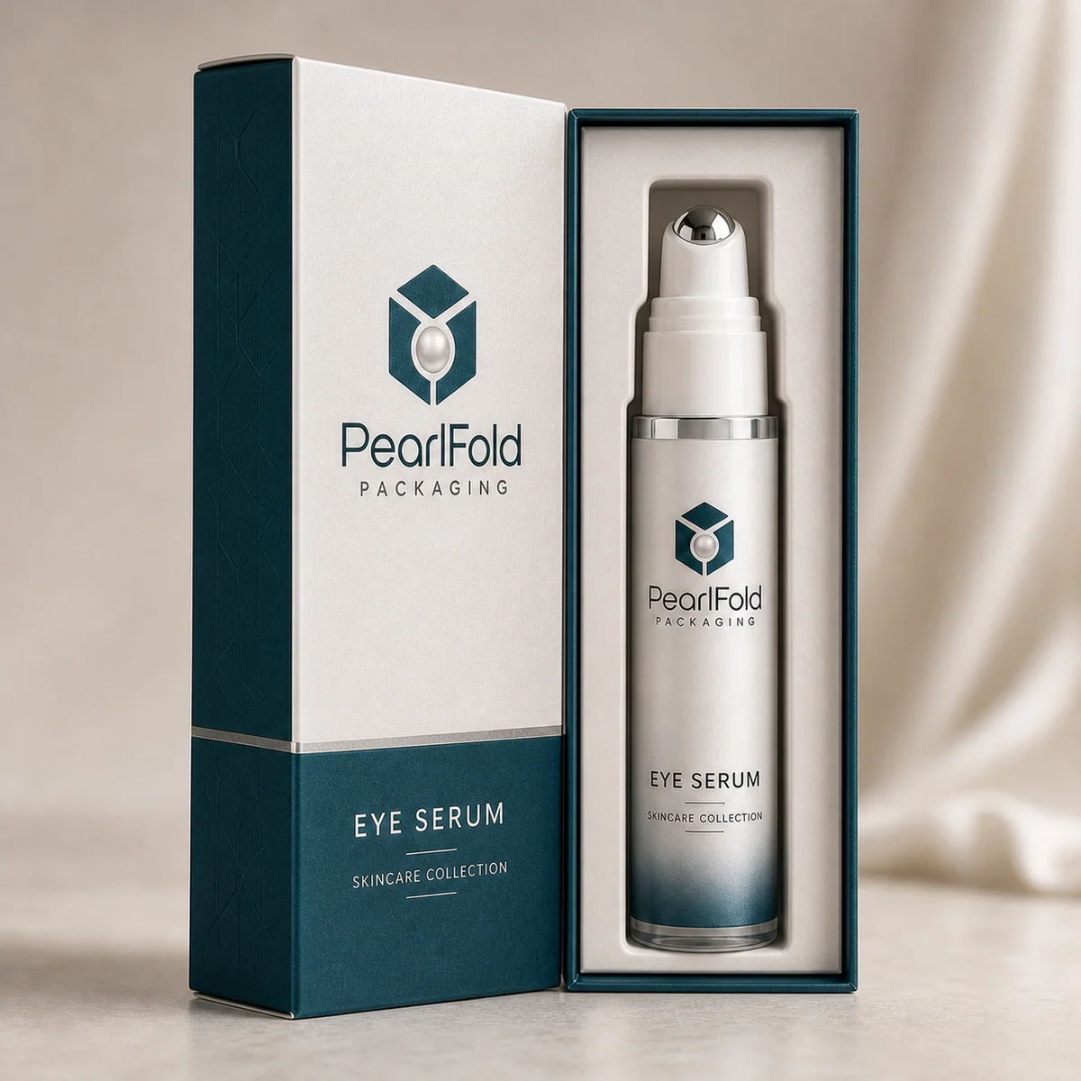 Open custom eye serum box showing its fitted insert and product presentation