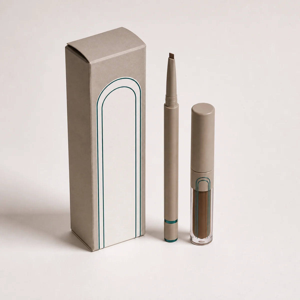 Custom eyebrow product packaging shown from a three-quarter side angle