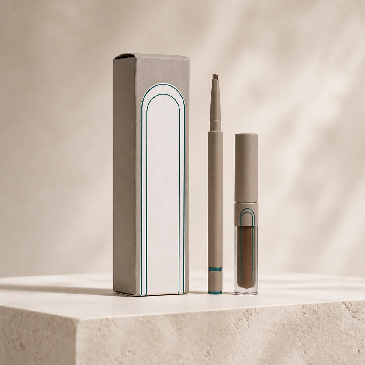 Custom eyebrow product box in a premium square retail styling scene