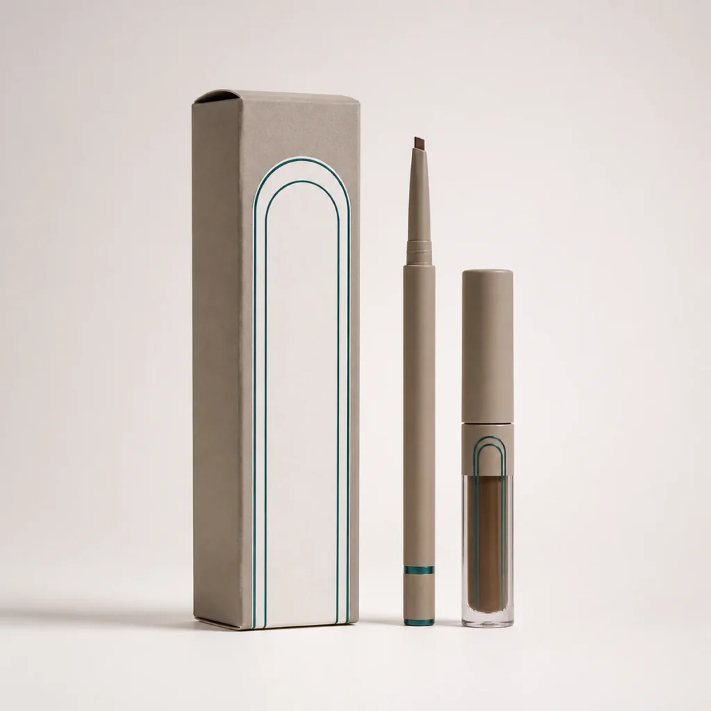 Custom eyebrow product box with matching product in a square studio photograph