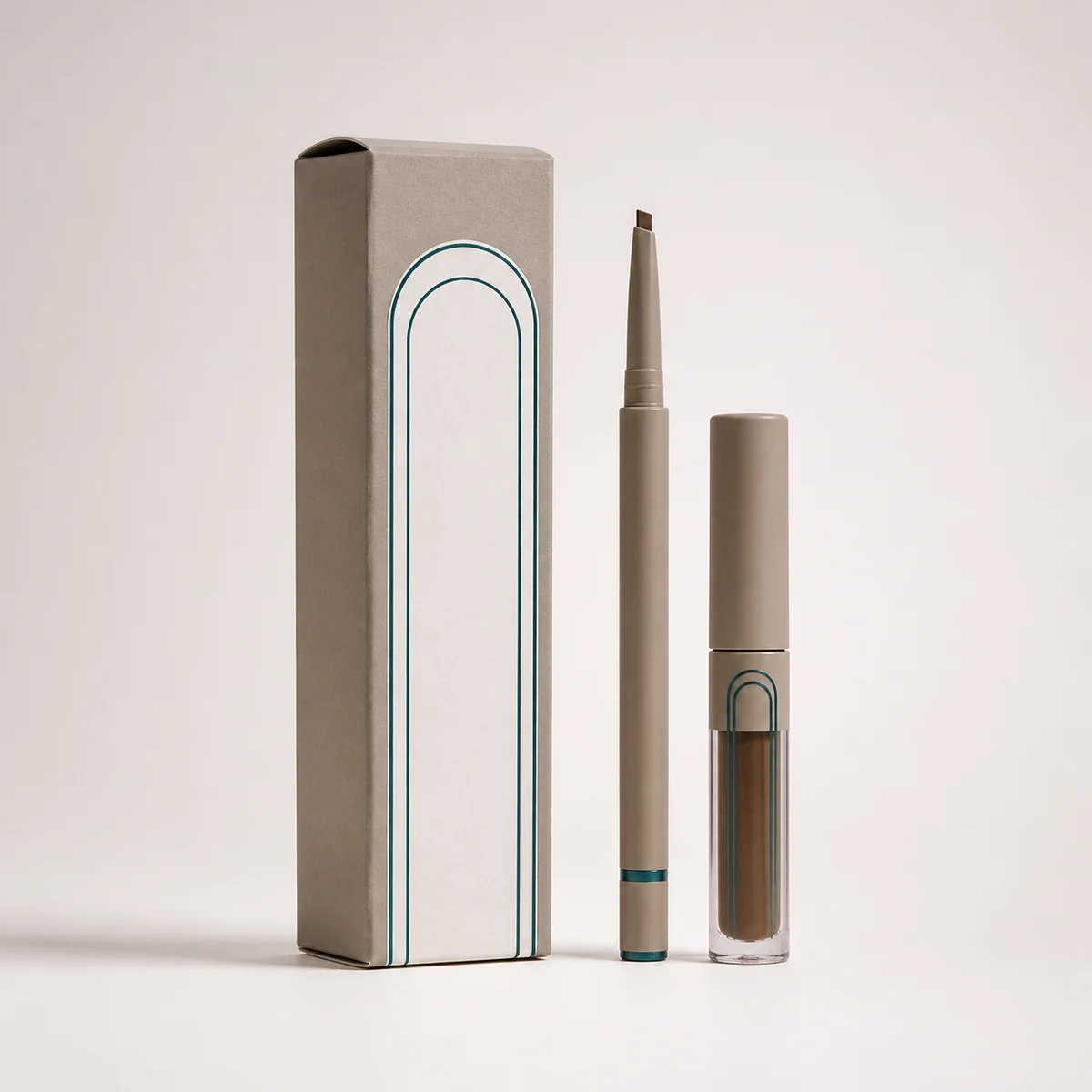 Custom eyebrow product box with matching product in a square studio photograph